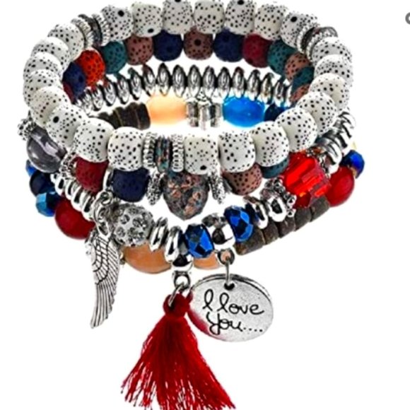 BOHO CHIC BEADED Mix Color I Love you Charm Bracelet Set of 4 New - Picture 3 of 4